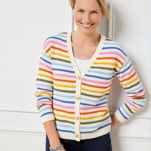TALBOTS Rainbow Cardigan 100% Cotton Striped Medium Petite Light Knit Coastal MP